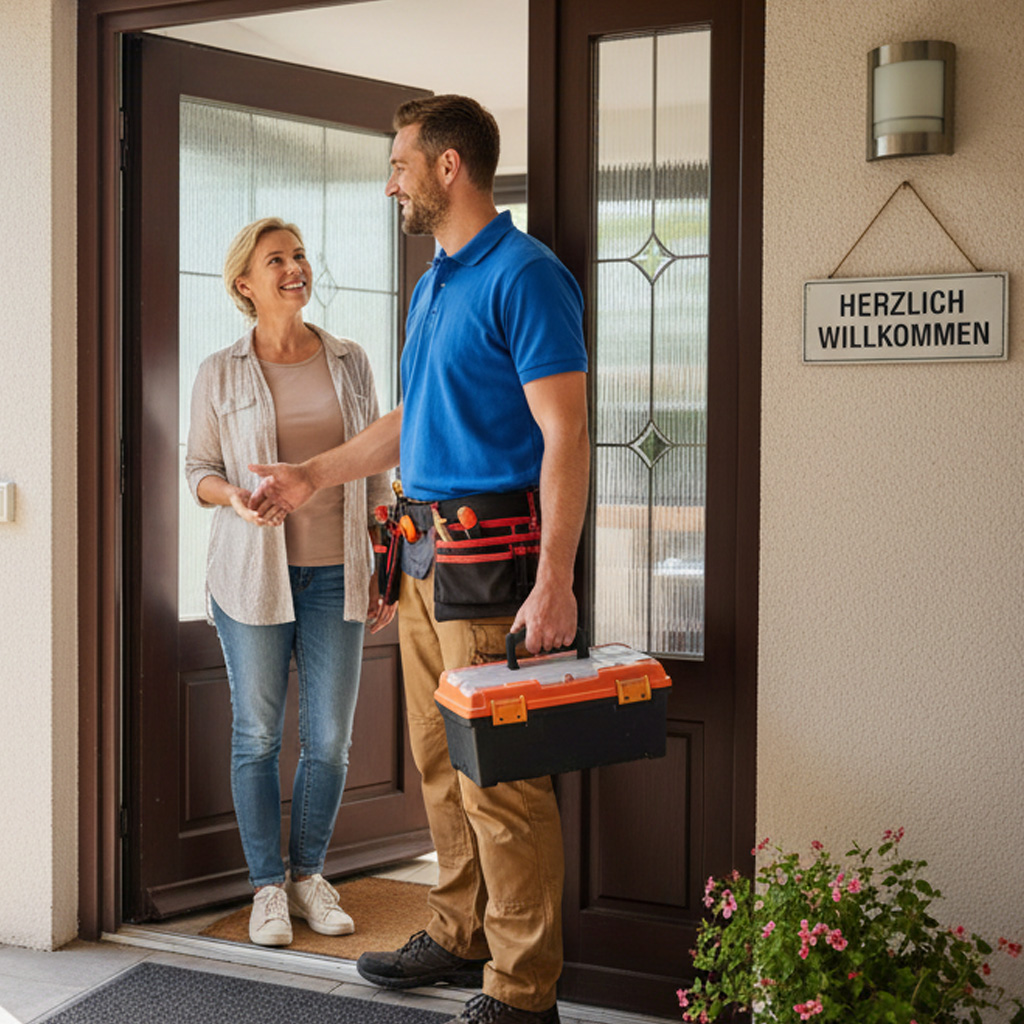 Büchner Büro Ressort Handwerker begrüßt eine Kundin an der Haustür, während er eine Werkzeugbox in der Hand hält. Die Szene zeigt eine freundliche Interaktion zwischen beiden, umgeben von einem gepflegten Garten.