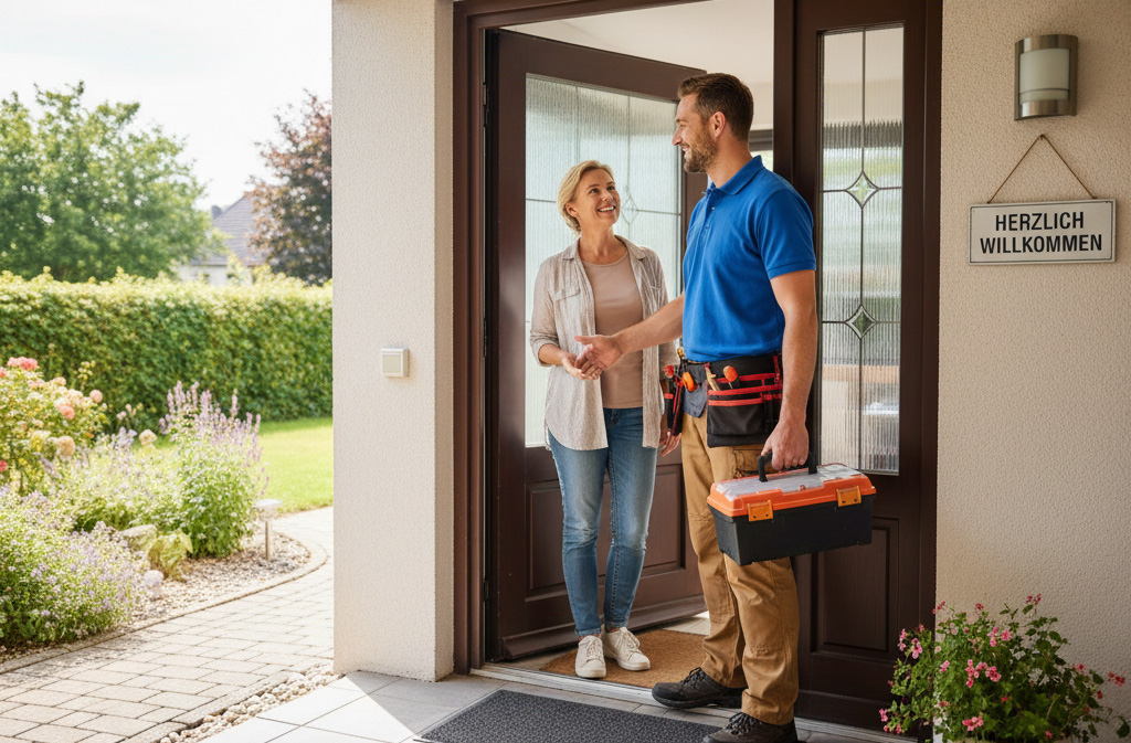 Büchner Büro Ressort Handwerker begrüßt eine Kundin an der Haustür, während er eine Werkzeugbox in der Hand hält. Die Szene zeigt eine freundliche Interaktion zwischen beiden, umgeben von einem gepflegten Garten.
