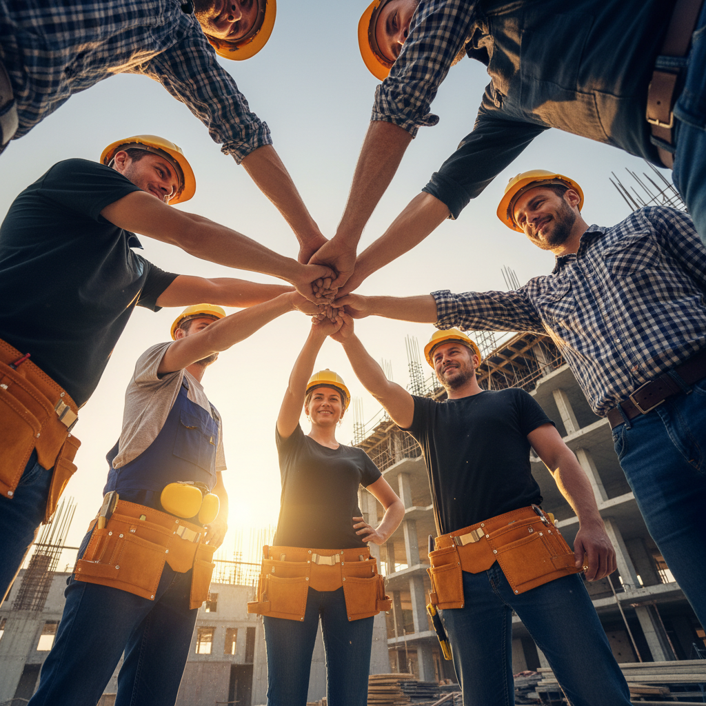 Gruppe von Bauarbeitern und Handwerkern in Schutzhelmen, die sich in einer Kreisanordnung die Hände reichen, um Teamarbeit und Zusammenarbeit zu symbolisieren.